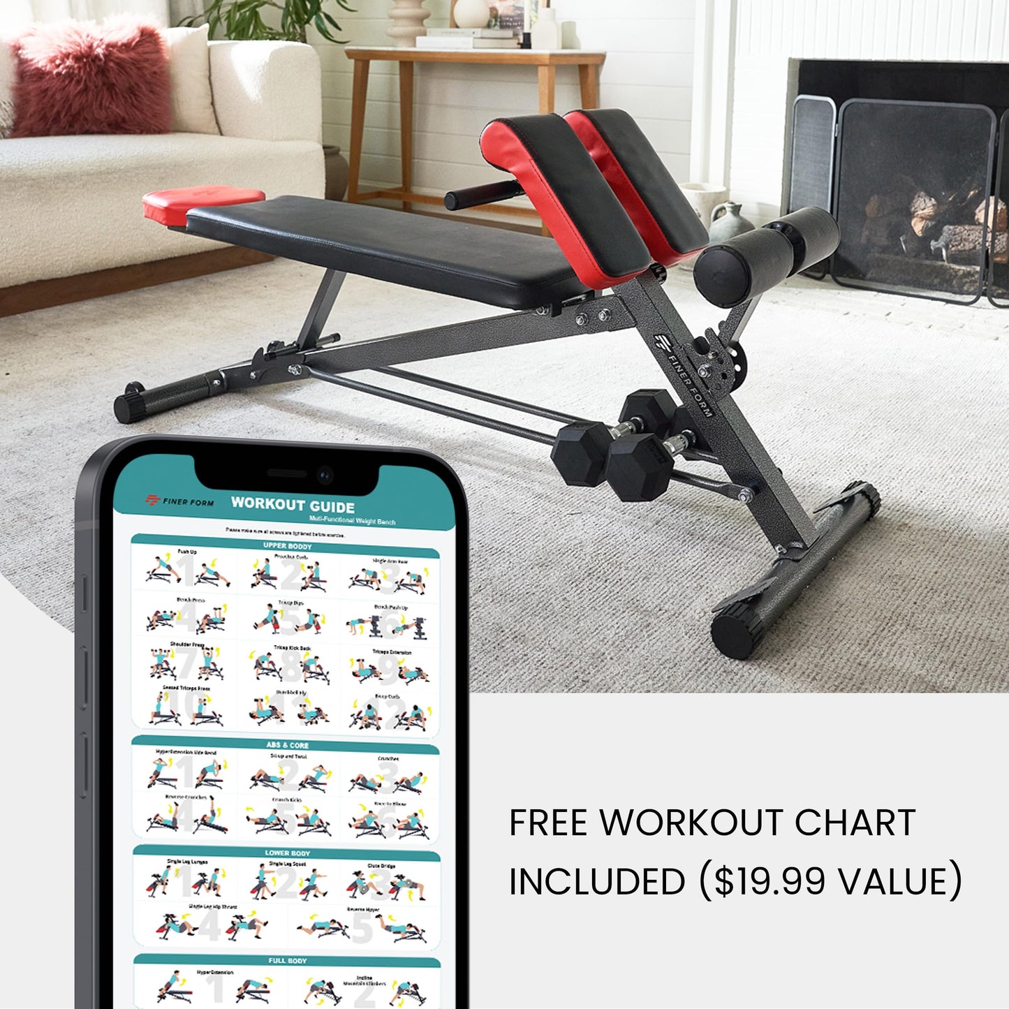 Finer Form Multi-Functional Bench for Full All-in-One Body Workout – Versatile Exercise Equipment for Hyper Back Extension, Abdominal Routines, Decline Bench, Flat Bench or Bench Press. Outstanding Fitness Equipment for Your Home Gym