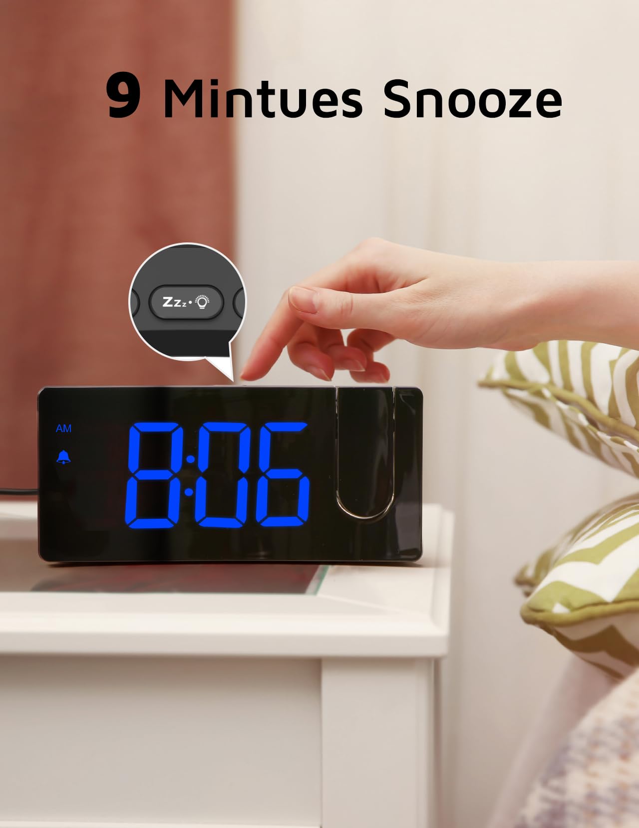 GOLOZA projection alarm clock displaying '9 Minutes Snooze' with a hand pressing the top snooze button above the blue LED screen.