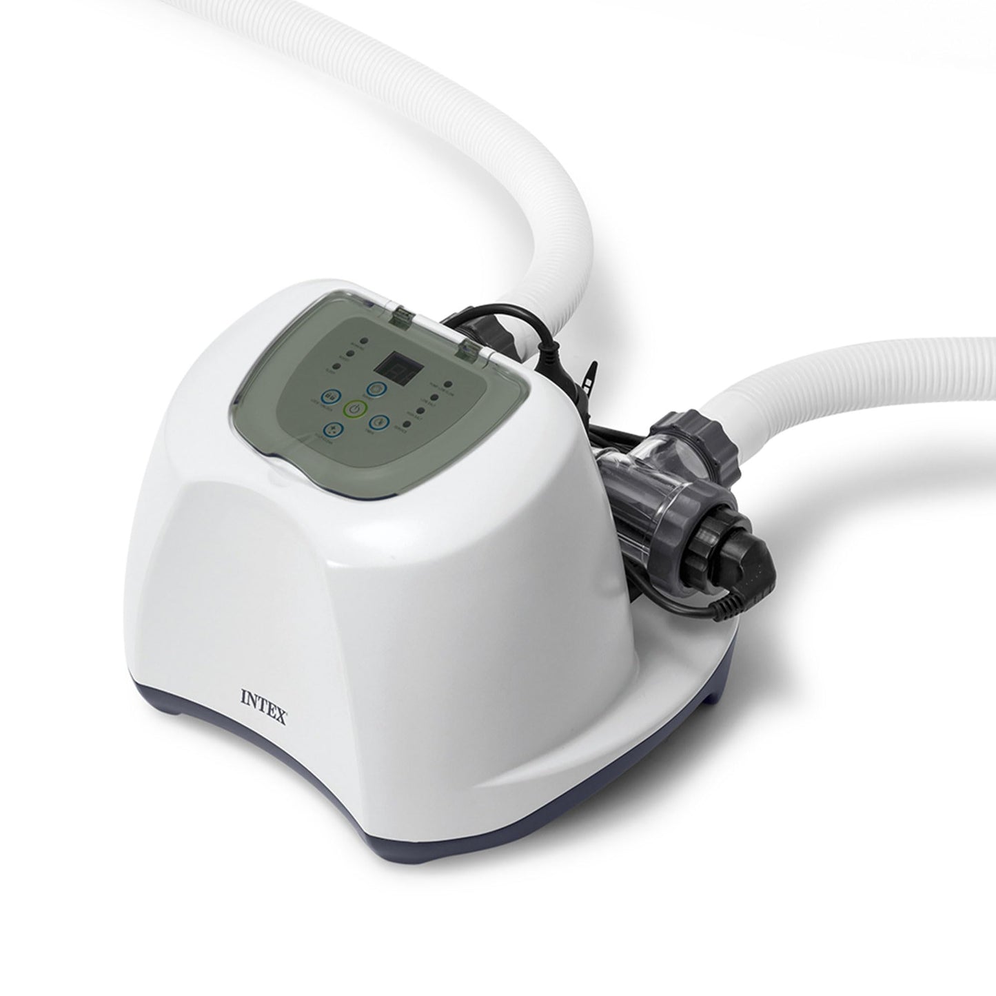 White electronic device with a hose on a white background, featuring the Intex brand for above ground pools