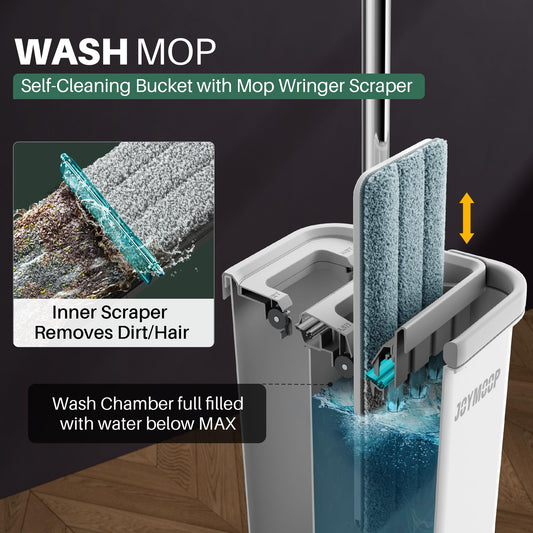 Close-up of JOYMOOP dual-chamber mop bucket wringer showing wash and dry scraper blades