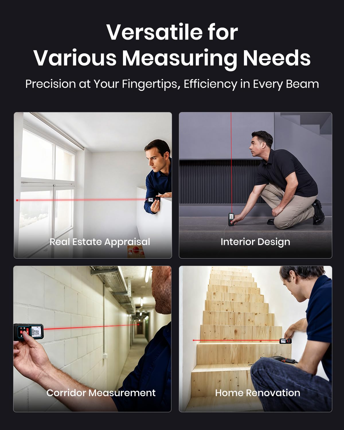MILESEEY Laser Measure versatile measuring applications showing real estate appraisal, interior design, corridor measurement, and home renovation