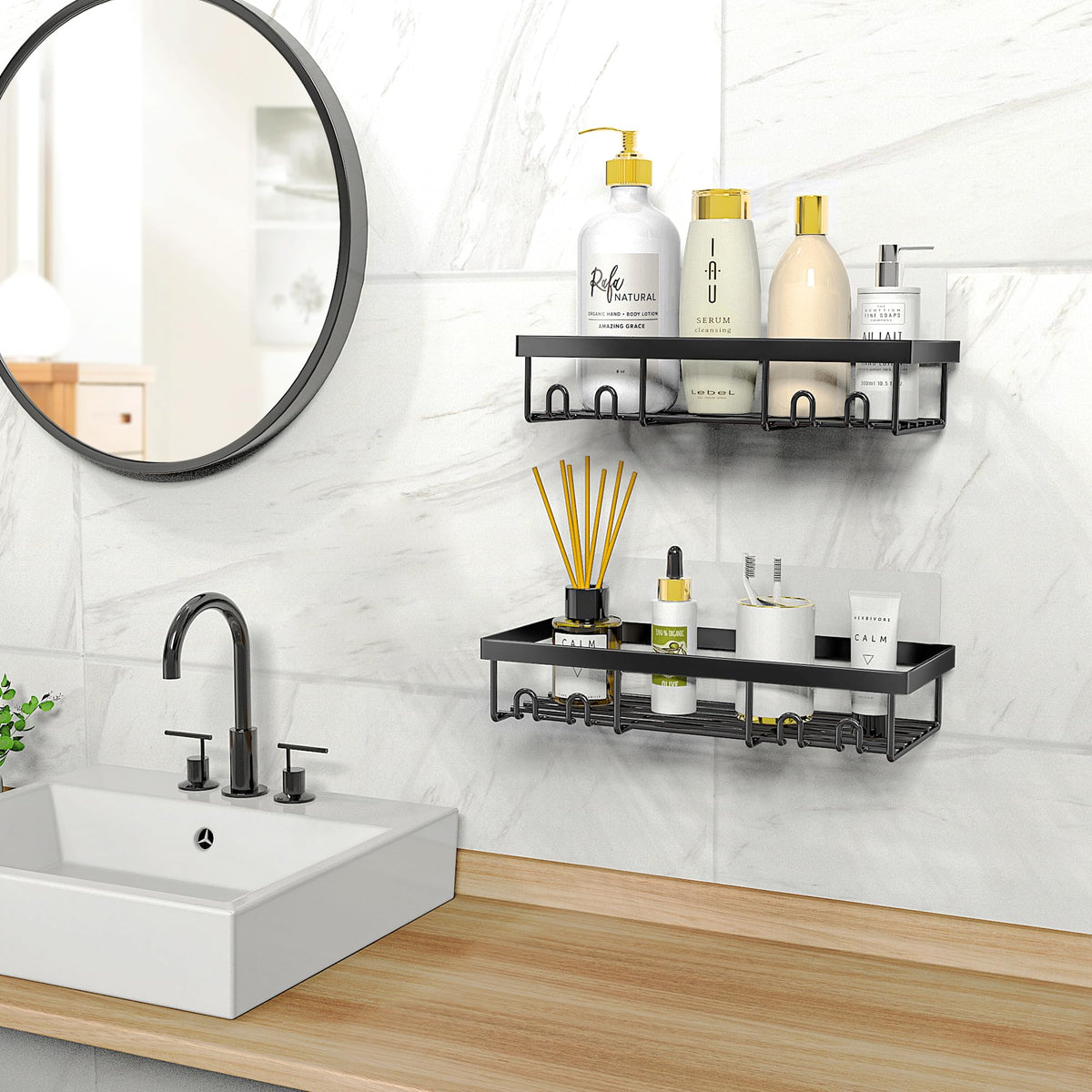 Moforoco black shower caddy shelves installed above a bathroom sink vanity displaying premium organization and decor