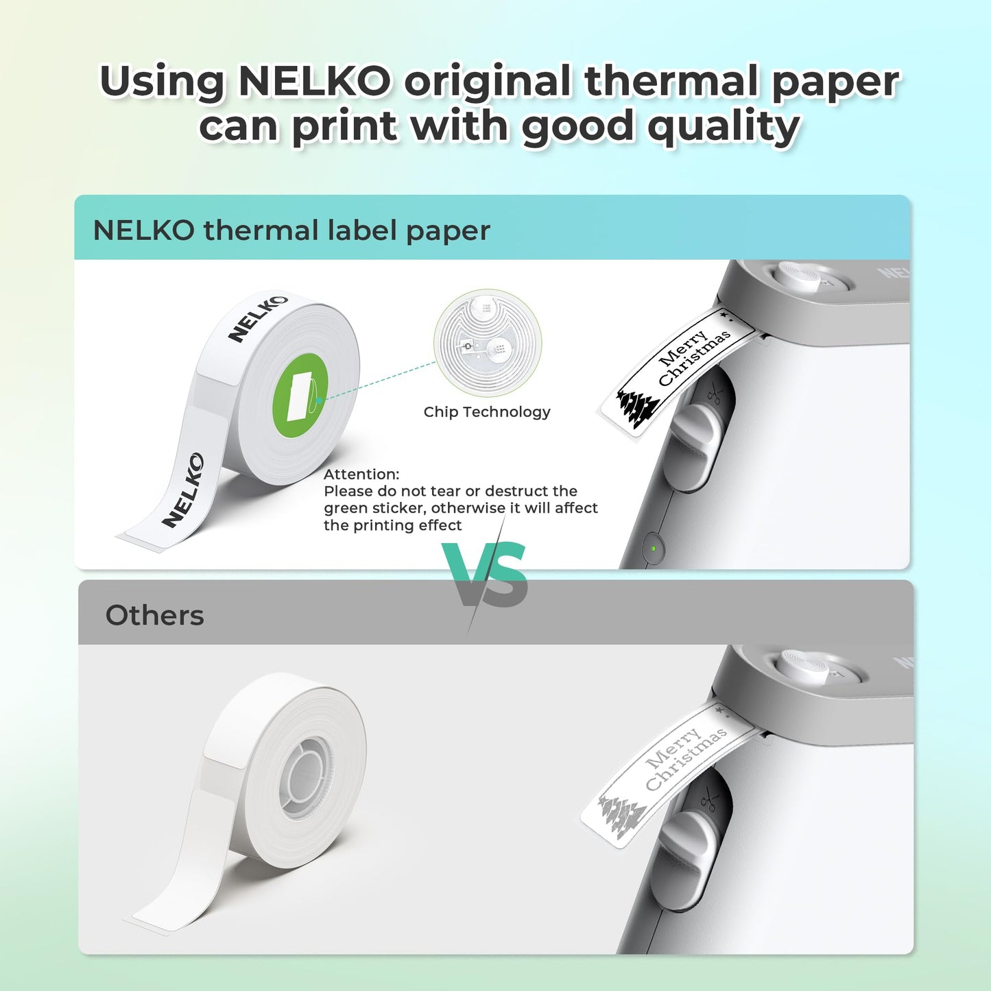 Comparison showing high-quality print output using official Nelko thermal label paper with chip technology vs generic paper