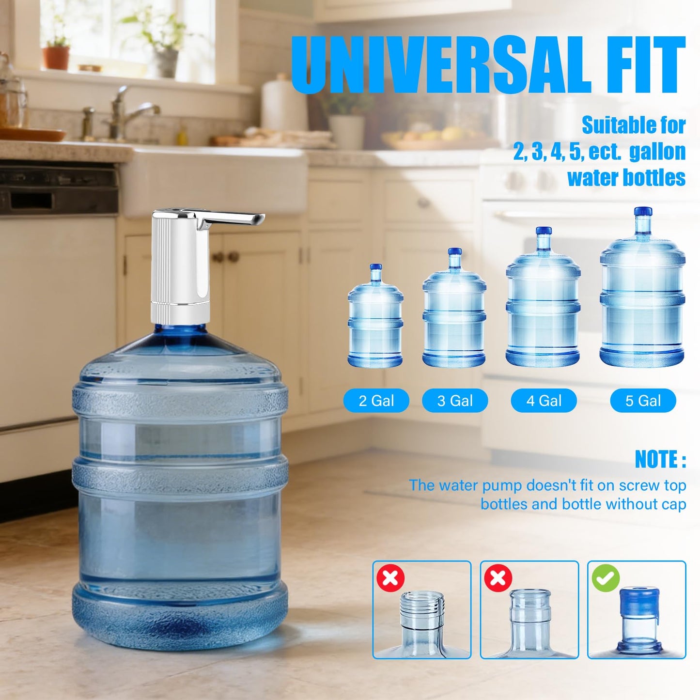 Universal compatibility diagram showing the electric water dispenser pump fits 2 gallon, 3 gallon, 4 gallon, and 5 gallon standard water jugs