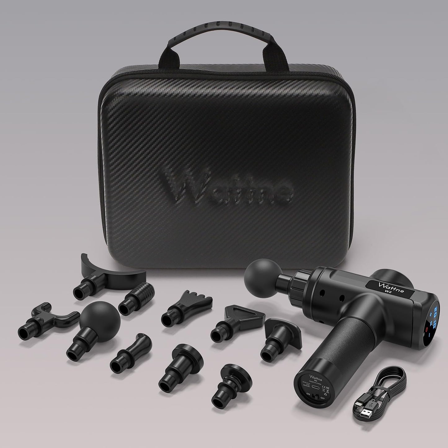 Wattne W2 massage gun set with portable carrying case and 10 attachment heads