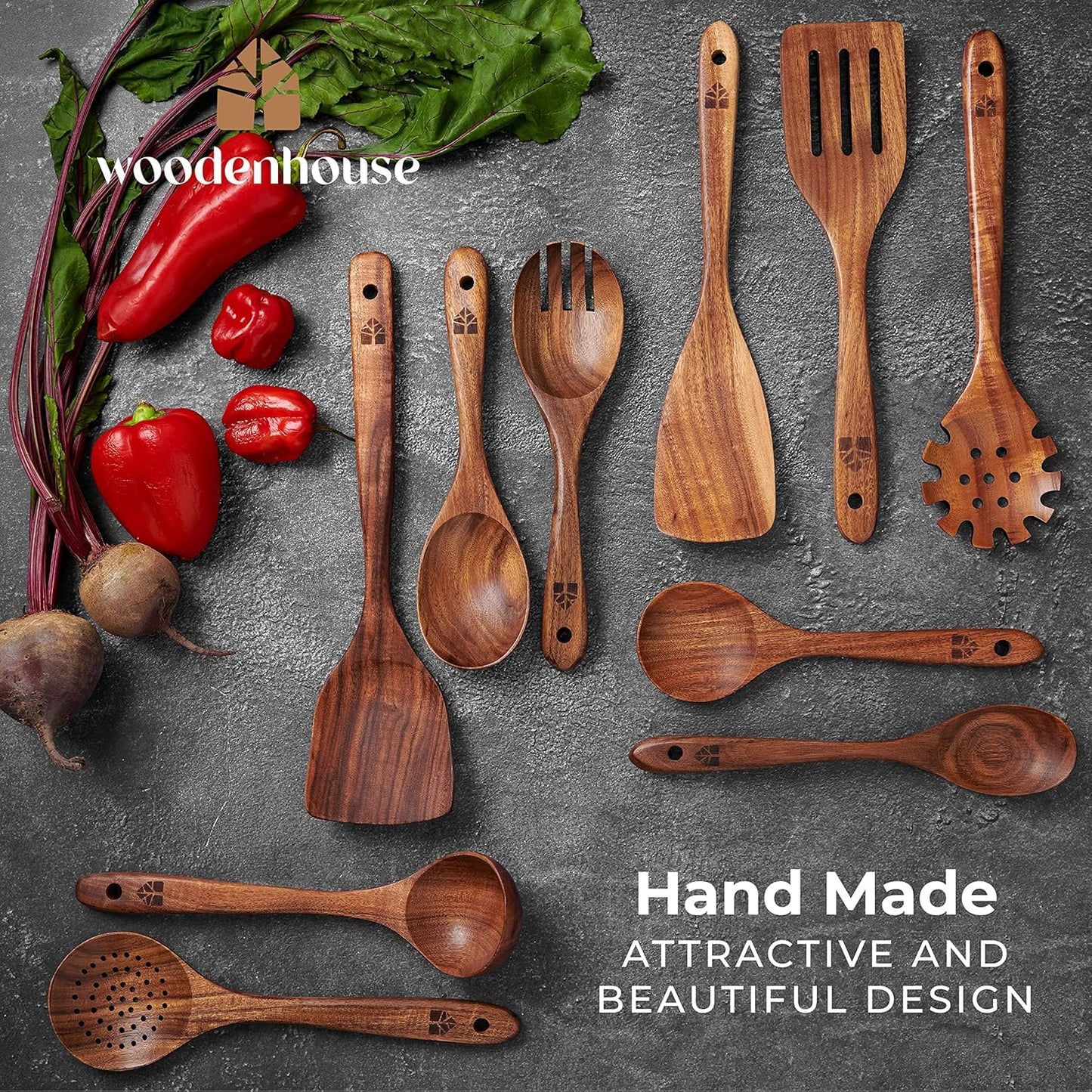 Complete 10-piece Woodenhouse handmade natural teak wood kitchen utensil set artistically displayed with fresh red peppers and vegetables on a dark textured background