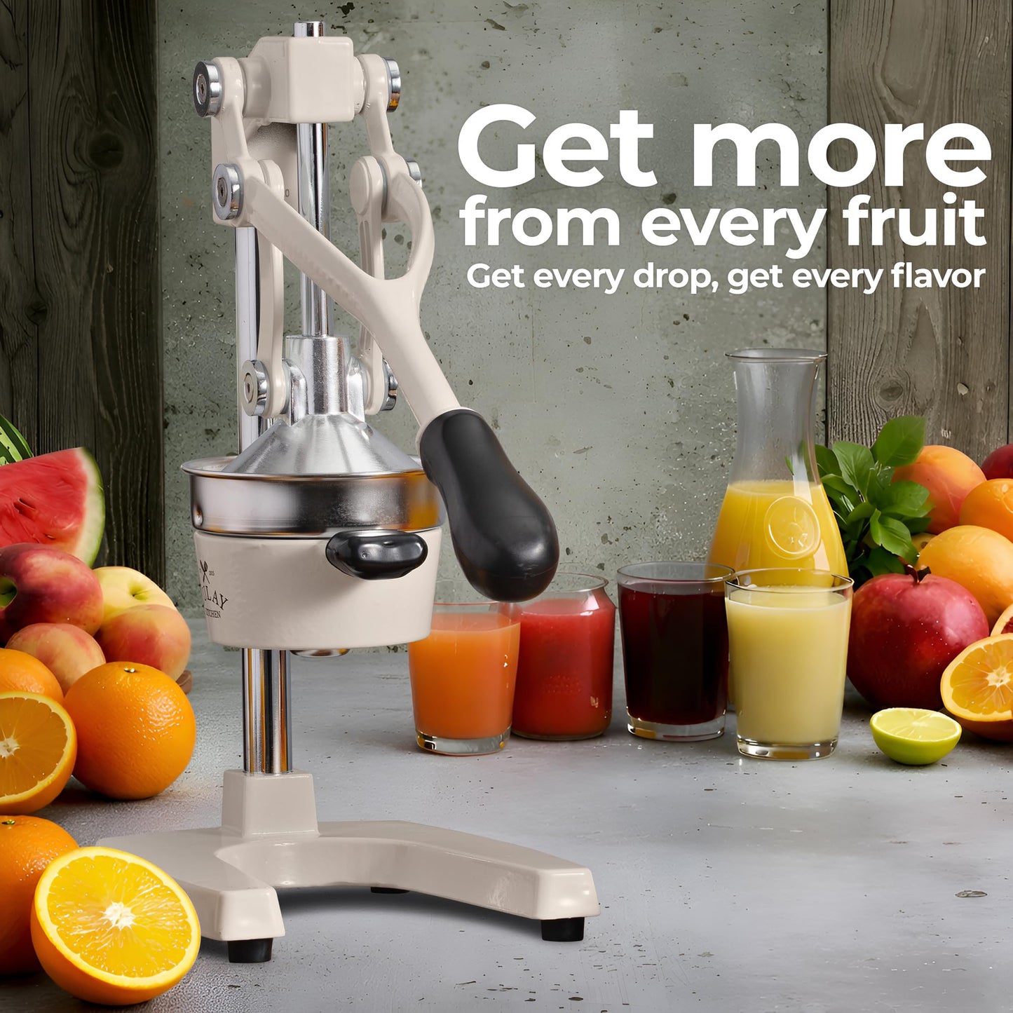 Zulay Kitchen heavy duty cast iron citrus press juicer with fresh fruit juices and glasses