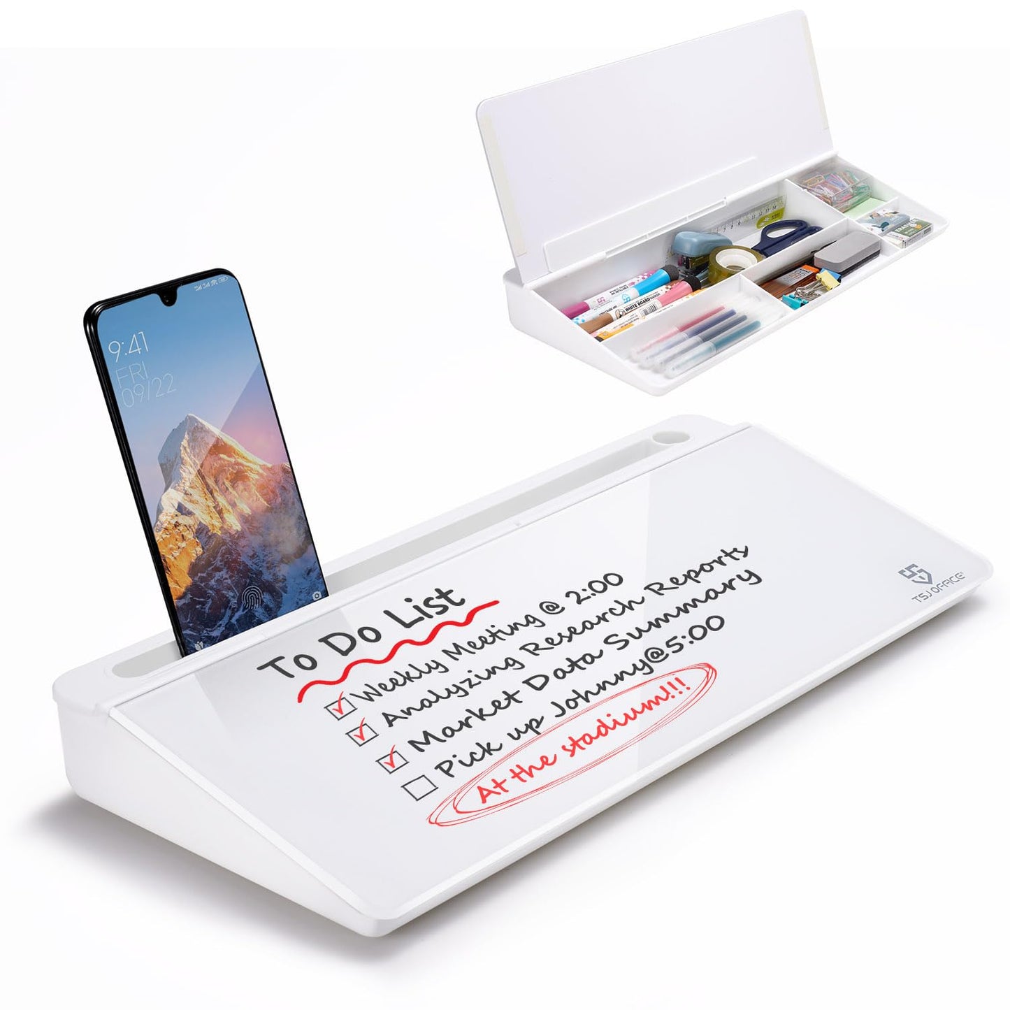 TSJ OFFICE Small Desktop Glass Whiteboard & Keyboard Stand with Drawer - White