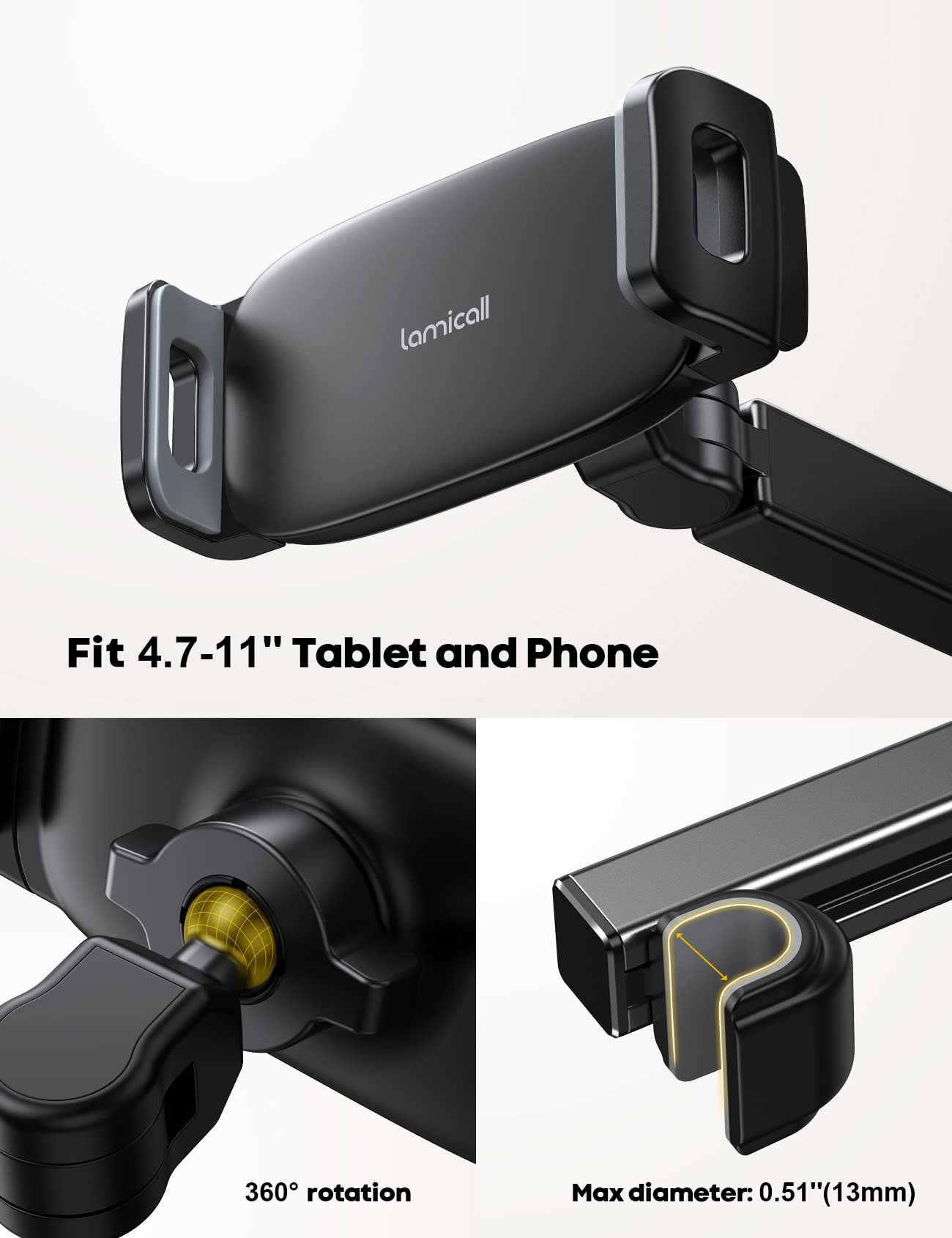 Lamicall Car Headrest Tablet Holder - [Extension Arm] Adjustable iPad Car Mount for Back Seat, Road Trip Essentials for Kids, 4.7-11" Tablet iPad Pro, Air, Mini, Galaxy, Fire, Black