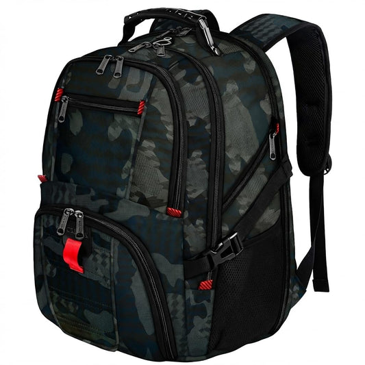 Black and gray camouflage backpack with red accents on a white background