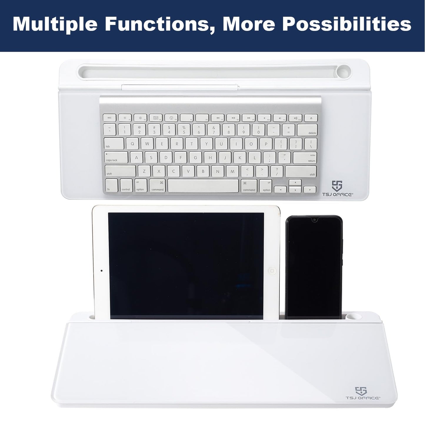 TSJ OFFICE Small Desktop Glass Whiteboard & Keyboard Stand with Drawer - White