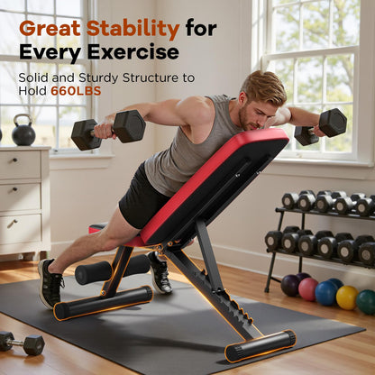 NICEPEOPLE Foldable Basic Weight Bench for Home Gym, Workout Bench with 8 Backrests, 660LBS Weight Capacity Adjustable Bench