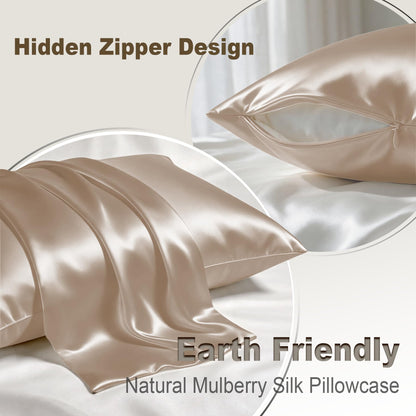 Mulberry Silk Pillow Cases Standard Size with Hidden Zipper, Ultra Smooth and Soft Breathable Cooling Silk Satin Pillowcase for Hair and Skin, Gifts for Women Men (Champagne, 20x26 Inches, 1 Pack)