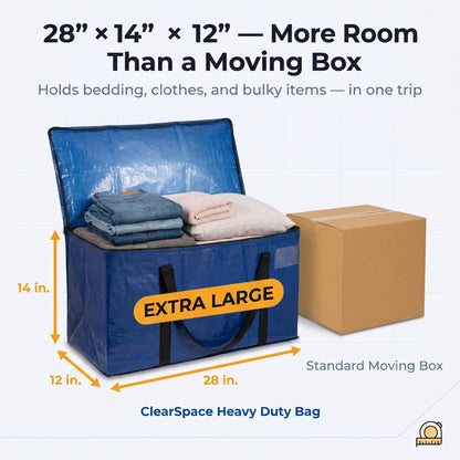 ClearSpace Heavy Duty Moving Bags, 6 Pack - Extra Large Storage Bags with Backpack Straps & Zippers