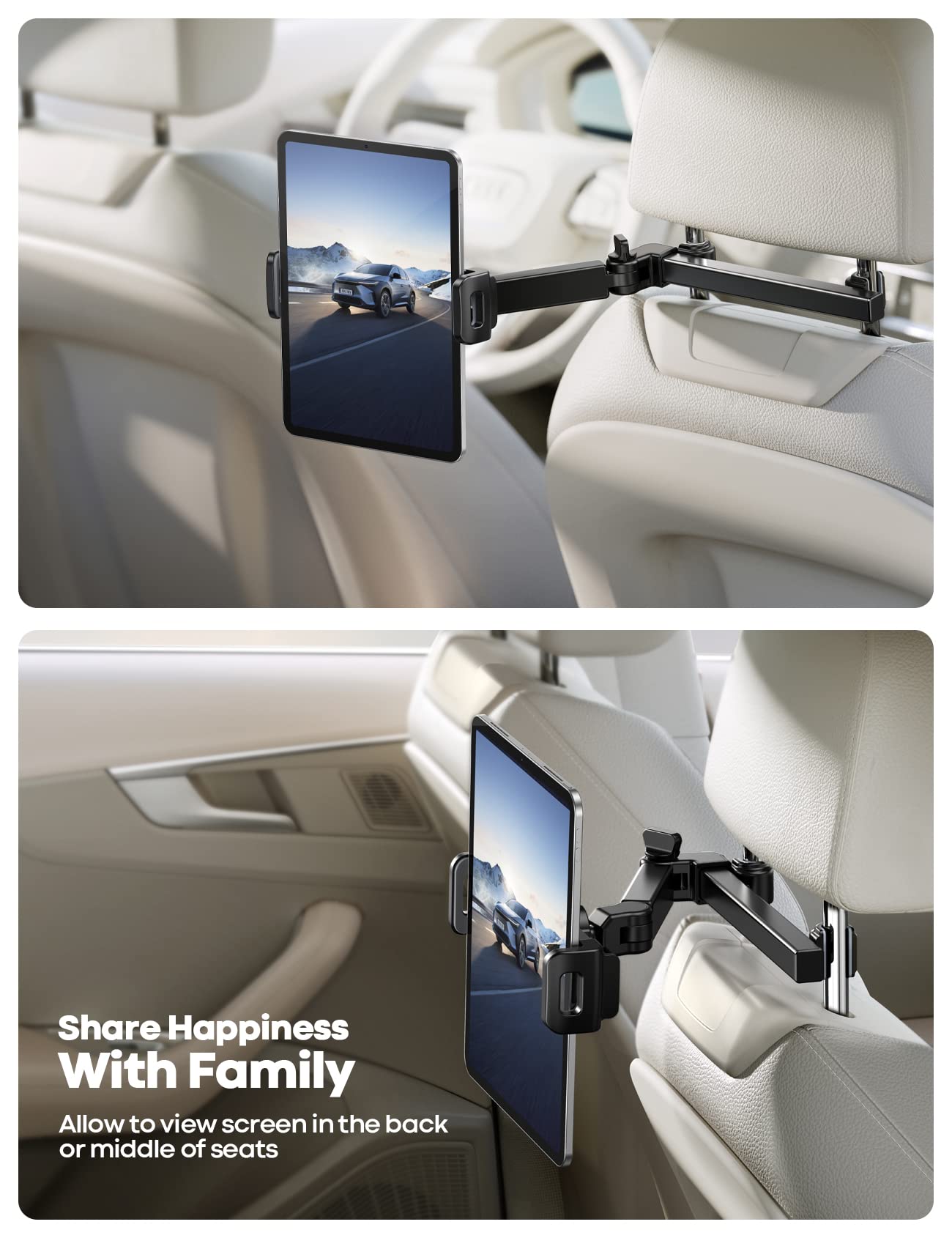 Lamicall Car Headrest Tablet Holder - [Extension Arm] Adjustable iPad Car Mount for Back Seat, Road Trip Essentials for Kids, 4.7-11" Tablet iPad Pro, Air, Mini, Galaxy, Fire, Black