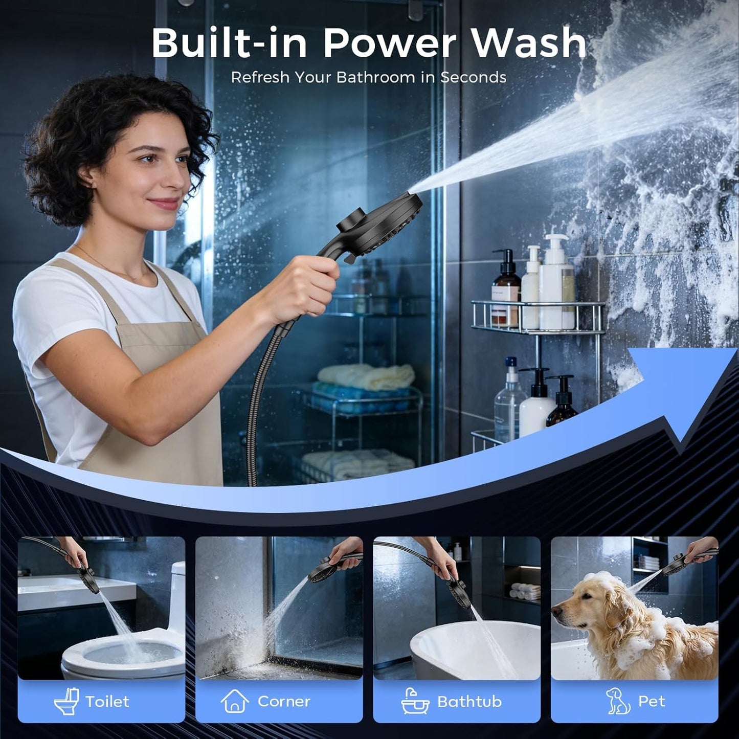 Rain Shower Head with Handheld,Dual Shower Head with Hose,Detachable 10" High Pressure ShowerHead Combo with 9 Settings Shower Spray Built-in Magnetic Docking & Power Wash Mode
