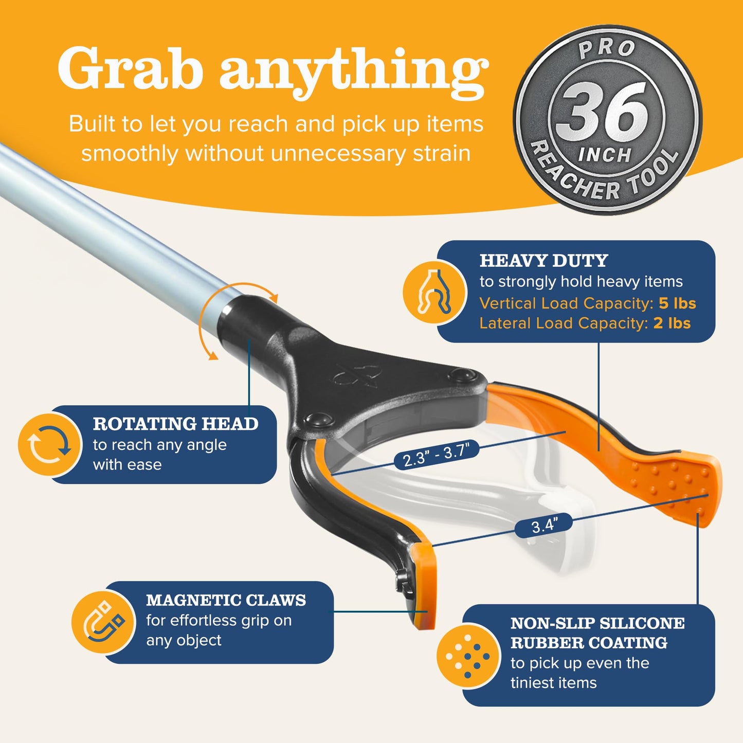 EZPIK® PRO 36" Heavy Duty Folding Reach Grabber Tool with Rotating Head & Magnetic Tip