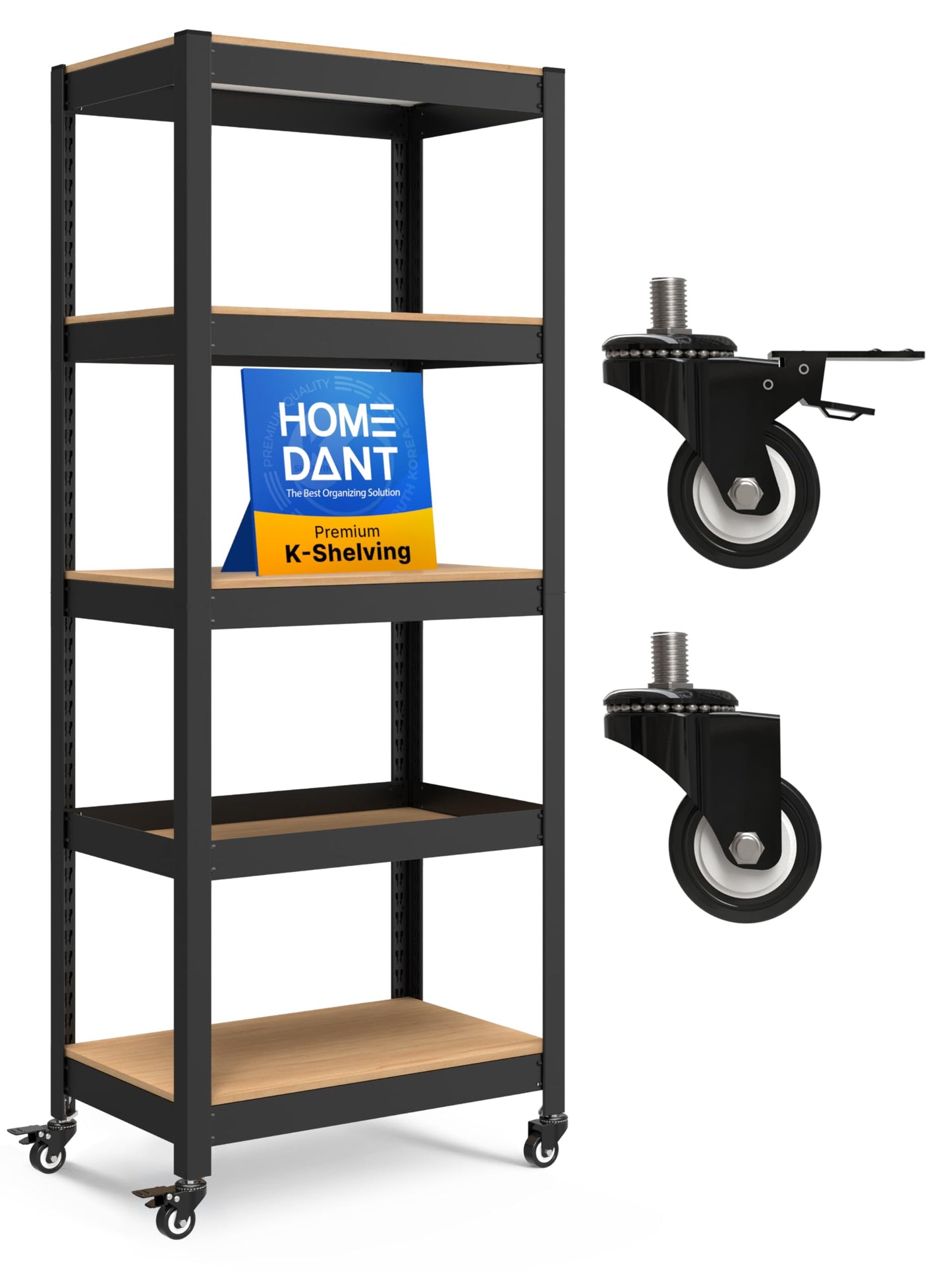 HOMEDANT House 5 Tier Heavy Duty Garage Shelving Adjustable Metal Rack Storage Shelves Standing Shelf Unit Organizers Industrial Warehouse Basement (1, Black, (Wheels) 24.4" W x 16.5" D)