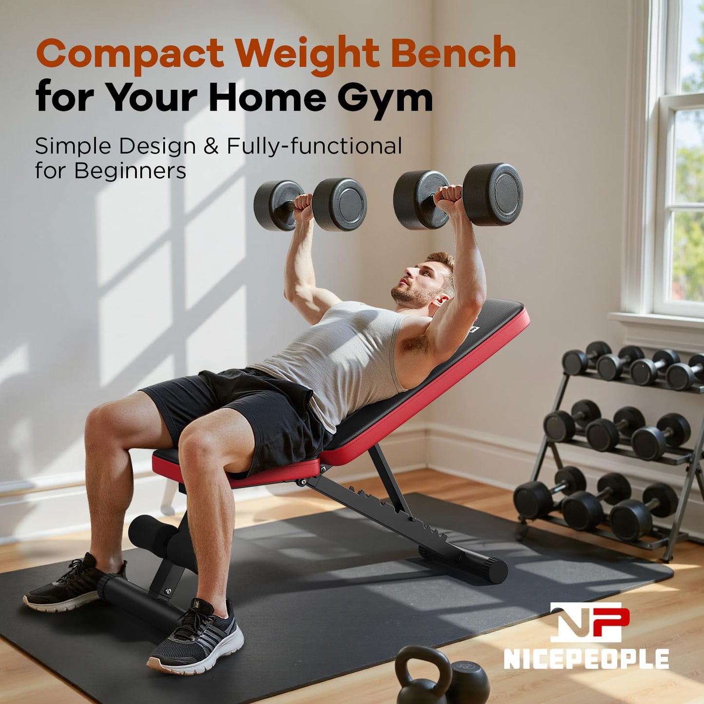 NICEPEOPLE Foldable Basic Weight Bench for Home Gym, Workout Bench with 8 Backrests, 660LBS Weight Capacity Adjustable Bench