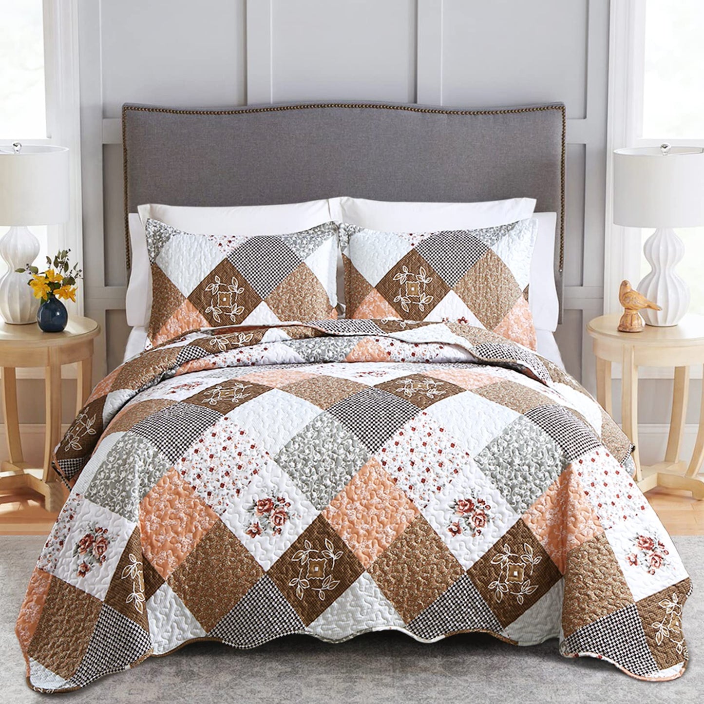 Dinjoy Floral Plaid Patchwork Quilt Set Full Size, Reversible Brown Bedding Set Soft Microfiber Lightweight Bedspread Coverlet 3 Piece Summer Fall Autumn Use (78x90 inches)
