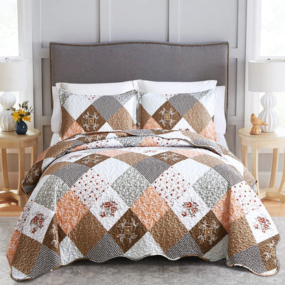 Dinjoy Floral Plaid Patchwork Quilt Set Full Size, Reversible Brown Bedding Set Soft Microfiber Lightweight Bedspread Coverlet 3 Piece Summer Fall Autumn Use (78x90 inches)