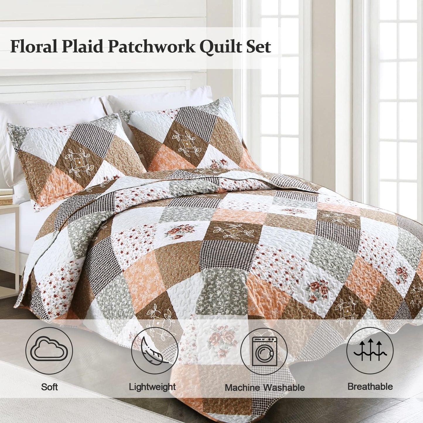 Dinjoy Floral Plaid Patchwork Quilt Set Full Size, Reversible Brown Bedding Set Soft Microfiber Lightweight Bedspread Coverlet 3 Piece Summer Fall Autumn Use (78x90 inches)