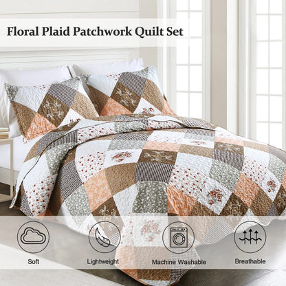 Dinjoy Floral Plaid Patchwork Quilt Set Full Size, Reversible Brown Bedding Set Soft Microfiber Lightweight Bedspread Coverlet 3 Piece Summer Fall Autumn Use (78x90 inches)
