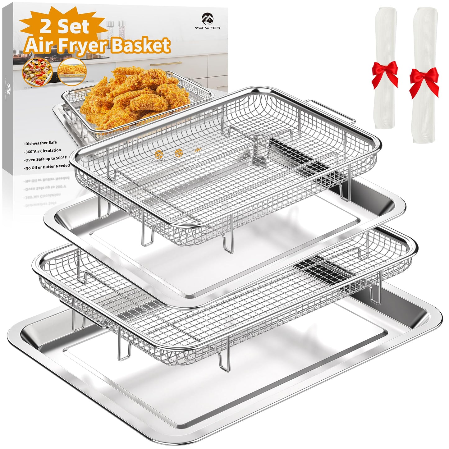 YEPATER 2-Set Stainless Steel Air Fryer Basket & Tray for Oven with 60 Parchment Papers