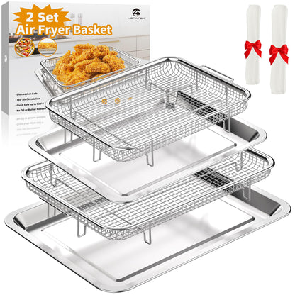 YEPATER 2-Set Stainless Steel Air Fryer Basket & Tray for Oven with 60 Parchment Papers