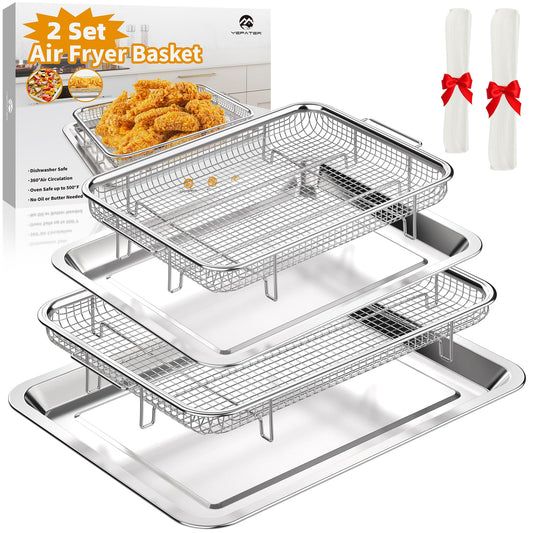 YEPATER 2-Set Stainless Steel Air Fryer Basket & Tray for Oven with 60 Parchment Papers