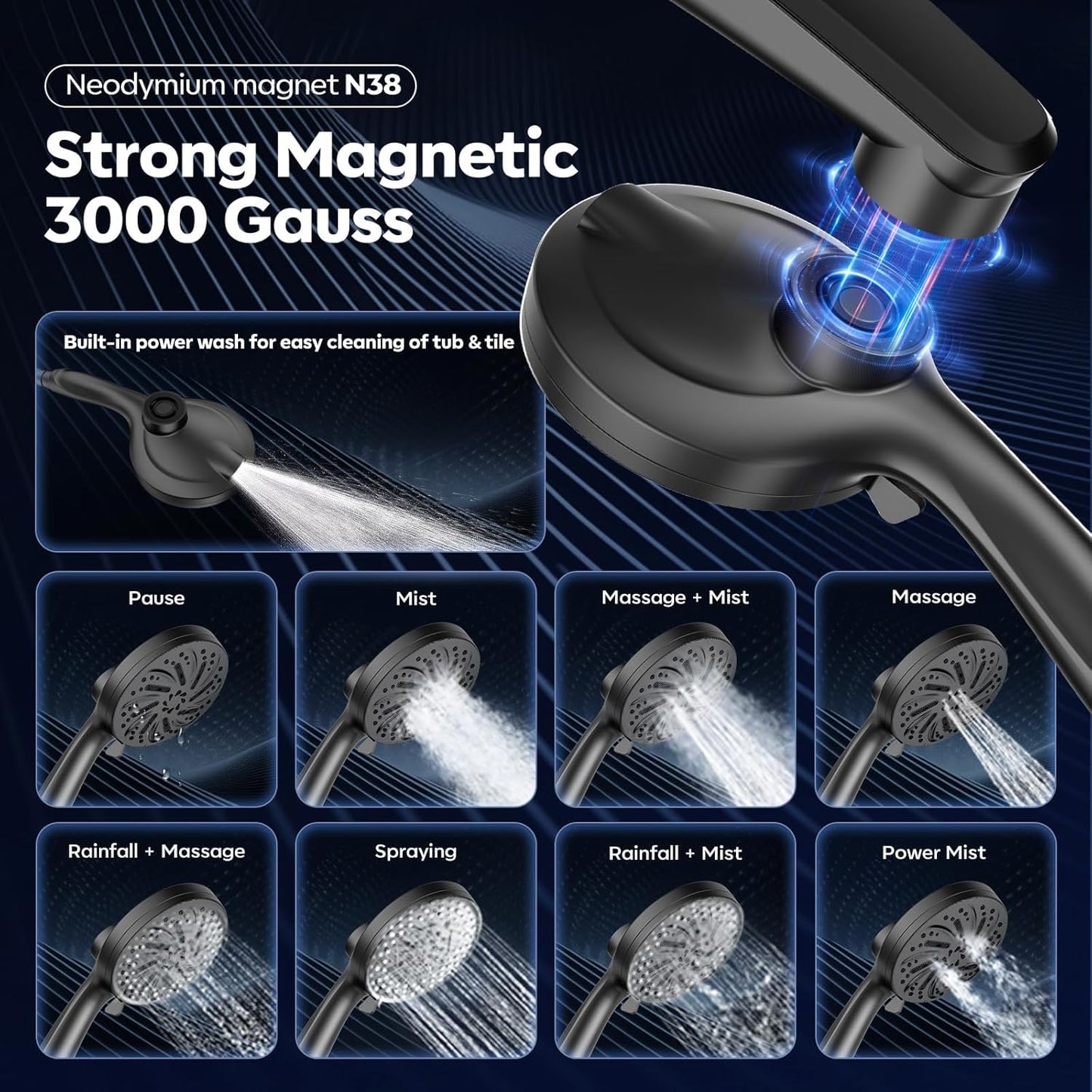 Rain Shower Head with Handheld,Dual Shower Head with Hose,Detachable 10" High Pressure ShowerHead Combo with 9 Settings Shower Spray Built-in Magnetic Docking & Power Wash Mode