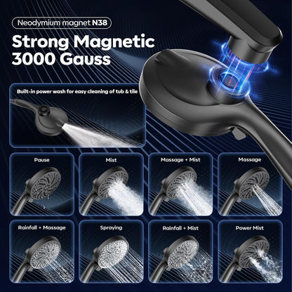 Rain Shower Head with Handheld,Dual Shower Head with Hose,Detachable 10" High Pressure ShowerHead Combo with 9 Settings Shower Spray Built-in Magnetic Docking & Power Wash Mode
