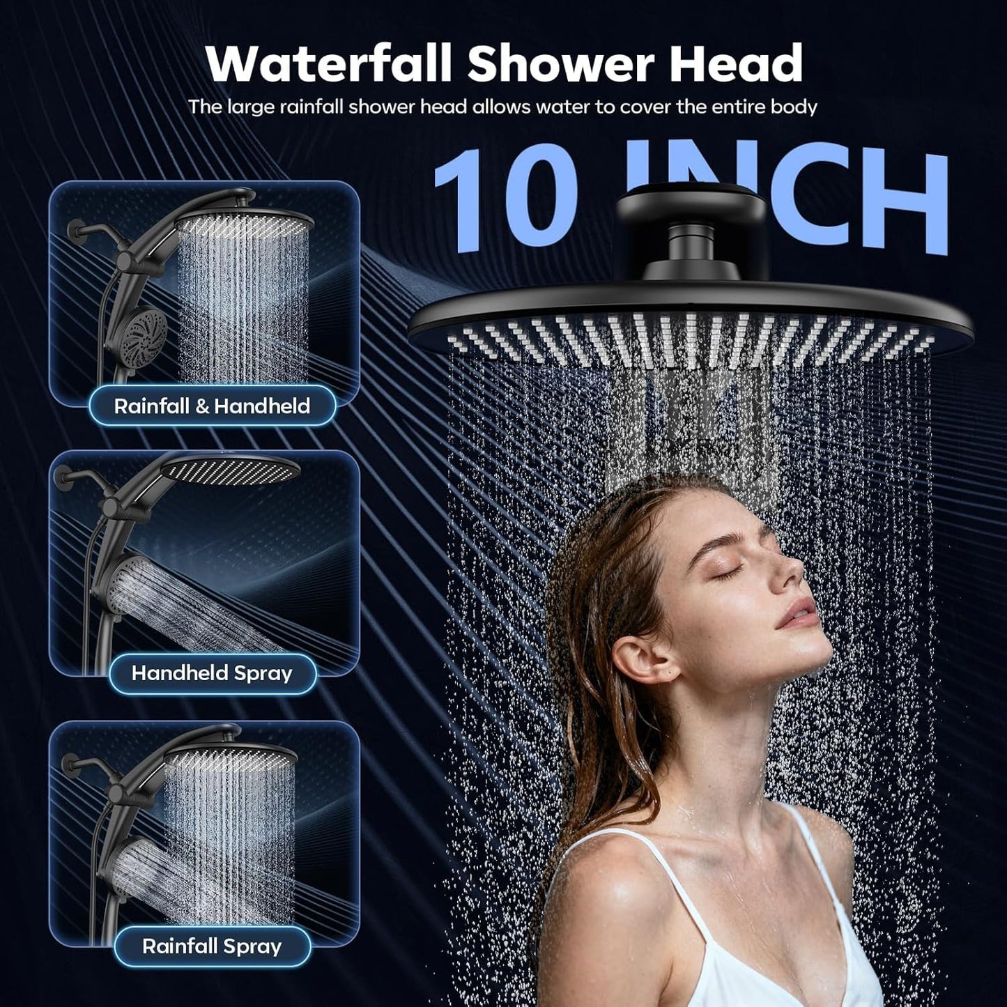 Rain Shower Head with Handheld,Dual Shower Head with Hose,Detachable 10" High Pressure ShowerHead Combo with 9 Settings Shower Spray Built-in Magnetic Docking & Power Wash Mode