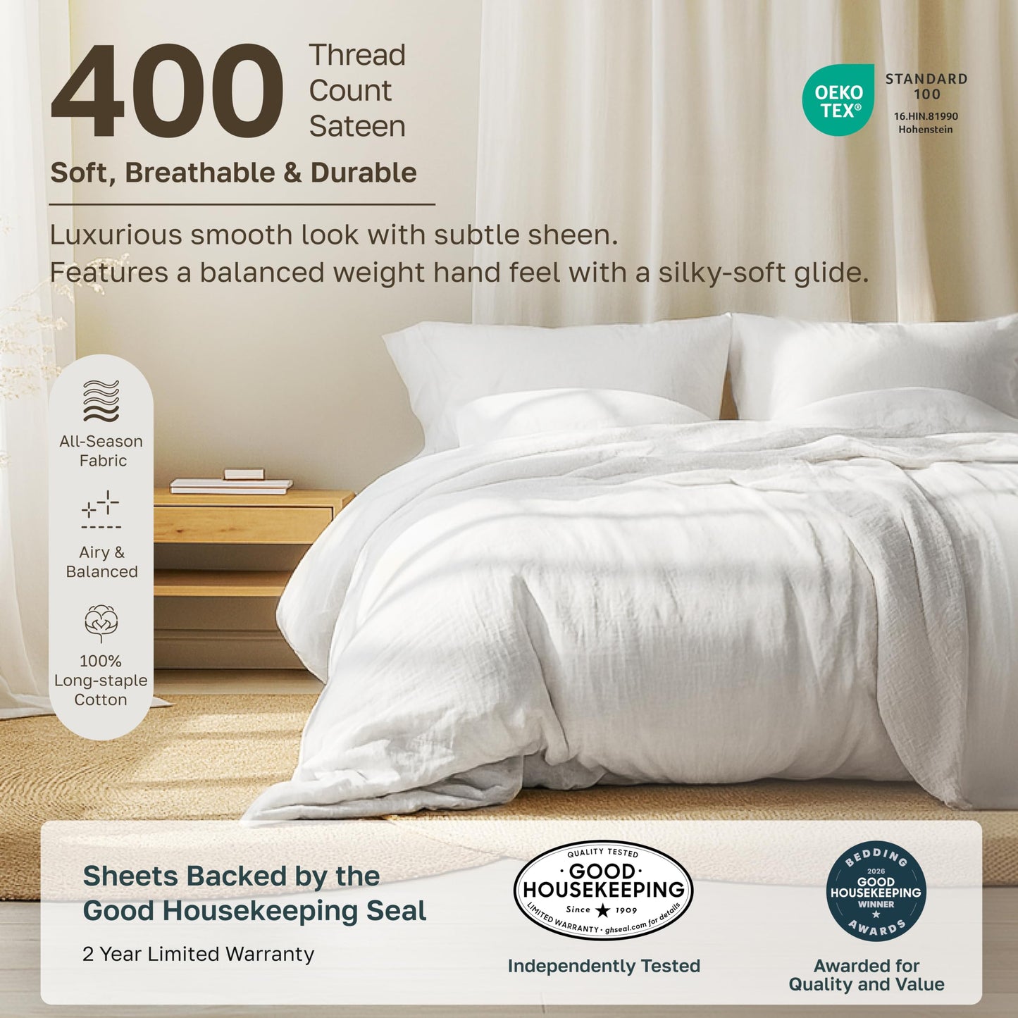 California Design Den 100% Cotton Bed Sheets King Size Set - 400 Thread Count Sateen, Deep Pocket King Sheet Set, King Sheets, Cooling King Size Sheets Set, Softer Than Egyptian Cotton Sheets (White)