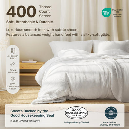 California Design Den 100% Cotton Bed Sheets King Size Set - 400 Thread Count Sateen, Deep Pocket King Sheet Set, King Sheets, Cooling King Size Sheets Set, Softer Than Egyptian Cotton Sheets (White)