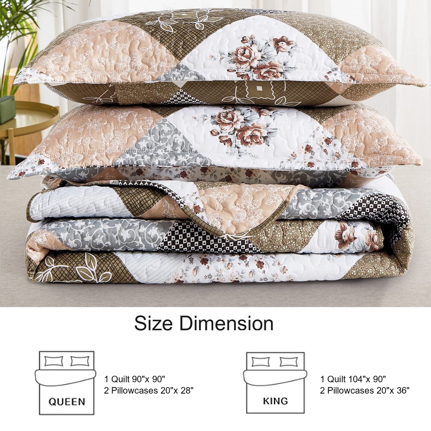 Dinjoy Floral Plaid Patchwork Quilt Set Full Size, Reversible Brown Bedding Set Soft Microfiber Lightweight Bedspread Coverlet 3 Piece Summer Fall Autumn Use (78x90 inches)