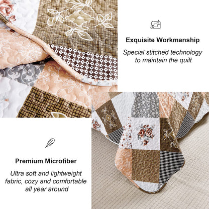 Dinjoy Floral Plaid Patchwork Quilt Set Full Size, Reversible Brown Bedding Set Soft Microfiber Lightweight Bedspread Coverlet 3 Piece Summer Fall Autumn Use (78x90 inches)