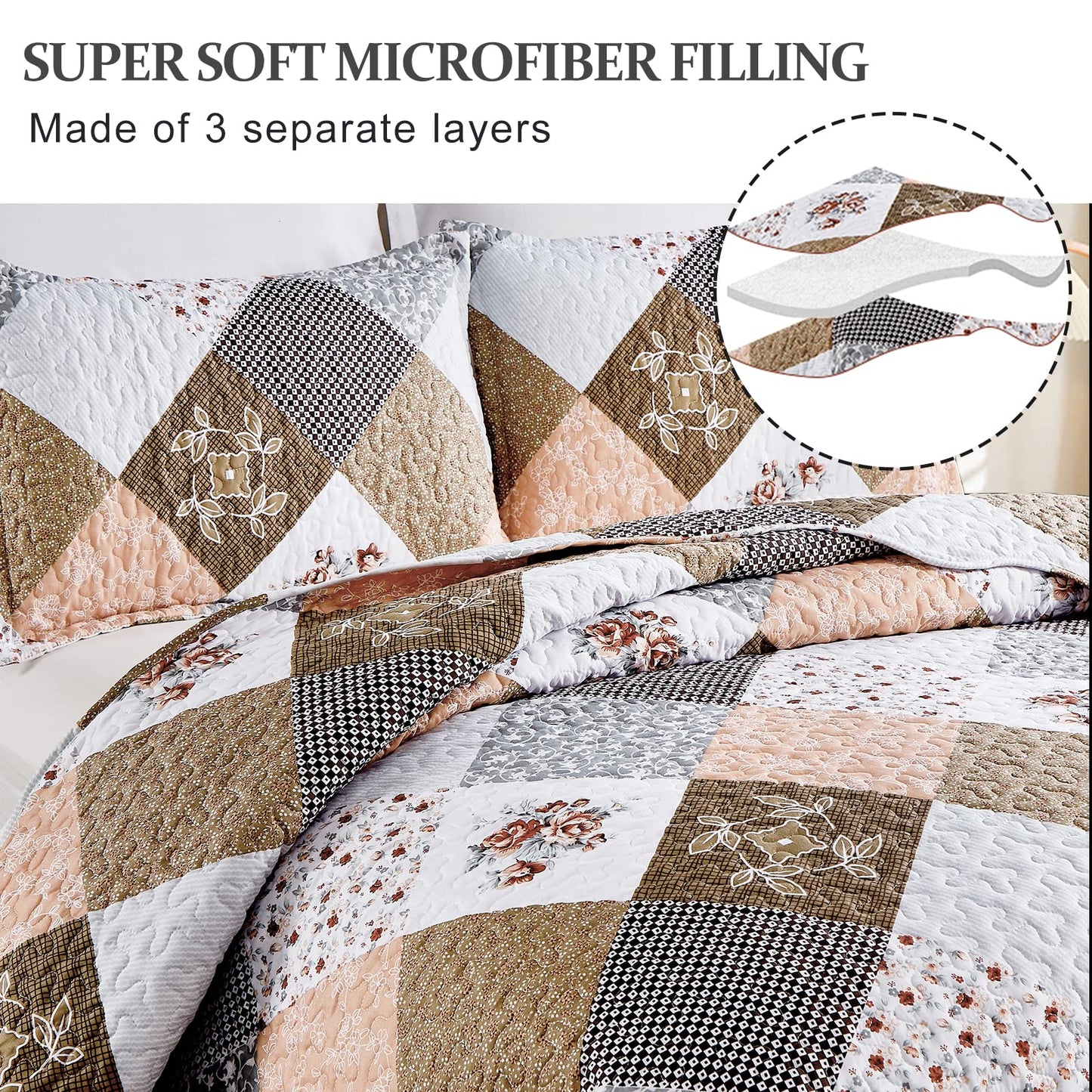 Dinjoy Floral Plaid Patchwork Quilt Set Full Size, Reversible Brown Bedding Set Soft Microfiber Lightweight Bedspread Coverlet 3 Piece Summer Fall Autumn Use (78x90 inches)