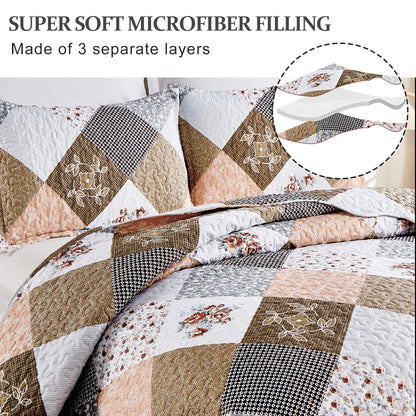 Dinjoy Floral Plaid Patchwork Quilt Set Full Size, Reversible Brown Bedding Set Soft Microfiber Lightweight Bedspread Coverlet 3 Piece Summer Fall Autumn Use (78x90 inches)