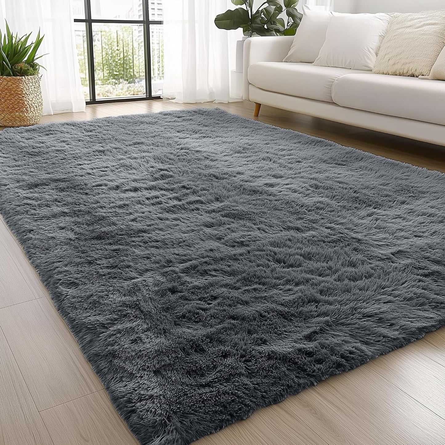 OLANLY 4x5.9 Fluffy Soft Area Rug for Bedroom (Grey, Washable Non-Slip Shaggy Carpet)