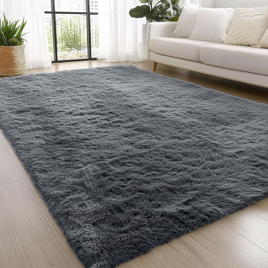 OLANLY 4x5.9 Fluffy Soft Area Rug for Bedroom (Grey, Washable Non-Slip Shaggy Carpet)