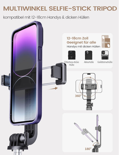 Multiwinkel selfie stick tripod with smartphone attachment on a white background