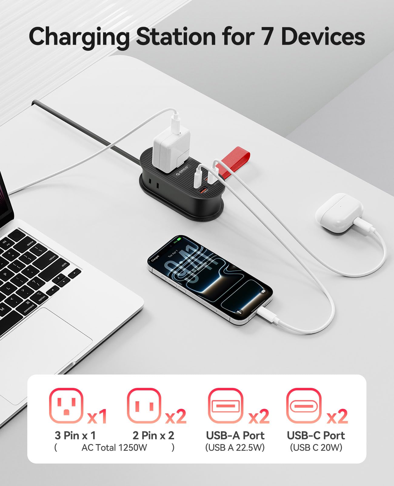 ORICO compact charging station with 3 AC outlets, 2 USB-A and 2 USB-C ports