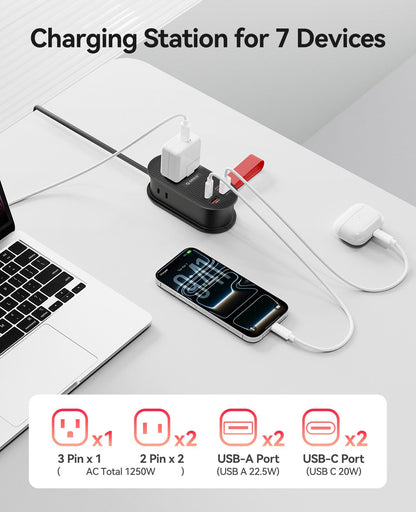 ORICO compact charging station with 3 AC outlets, 2 USB-A and 2 USB-C ports