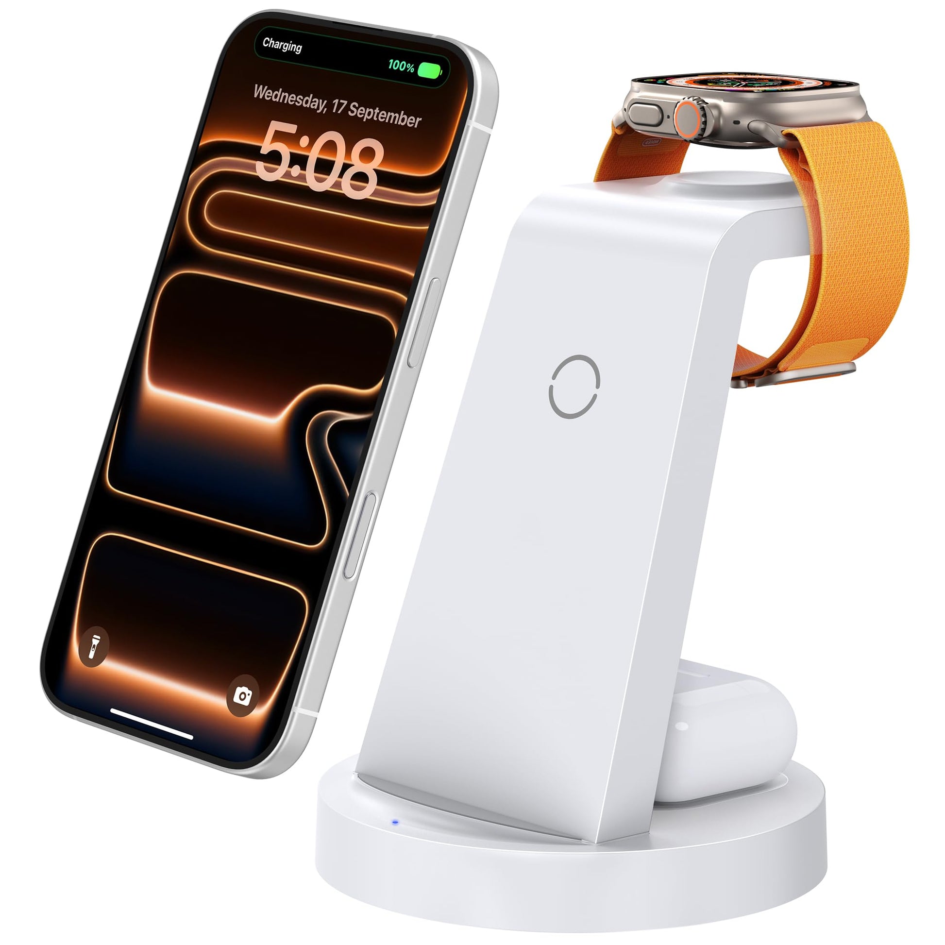 White 3-in-1 wireless charging station displaying a smartphone, smartwatch, and earbuds case on a desk.