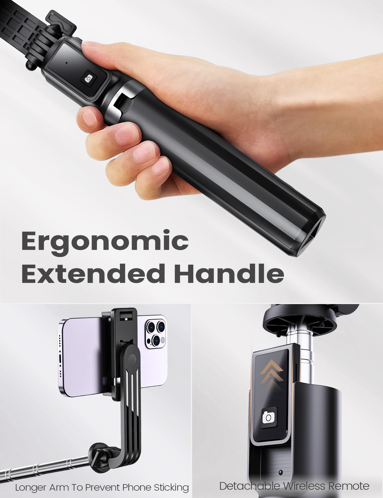 ANXRE extendable selfie stick and tripod showcasing an ergonomic extended handle, longer phone mount arm to prevent sticking, and detachable wireless remote