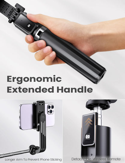 ANXRE extendable selfie stick and tripod showcasing an ergonomic extended handle, longer phone mount arm to prevent sticking, and detachable wireless remote