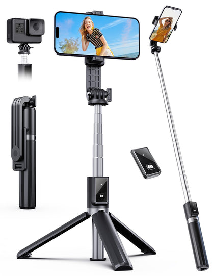 ANXRE 41.7-inch extendable selfie stick and tripod in black with a detachable wireless Bluetooth remote, smartphone mount, and compact travel-friendly folding design