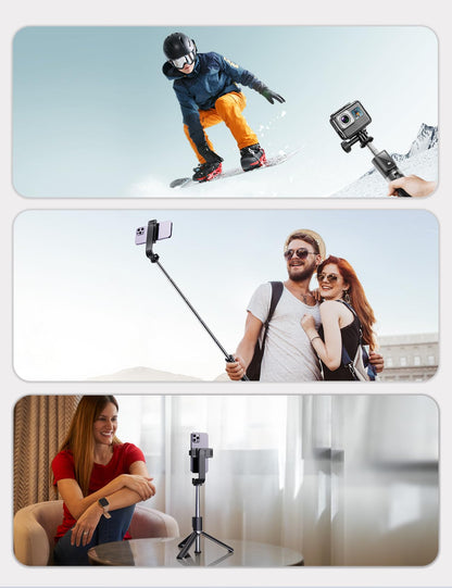 Collage of a person snowboarding, a couple with a selfie stick, and a woman using a smartphone stand.
