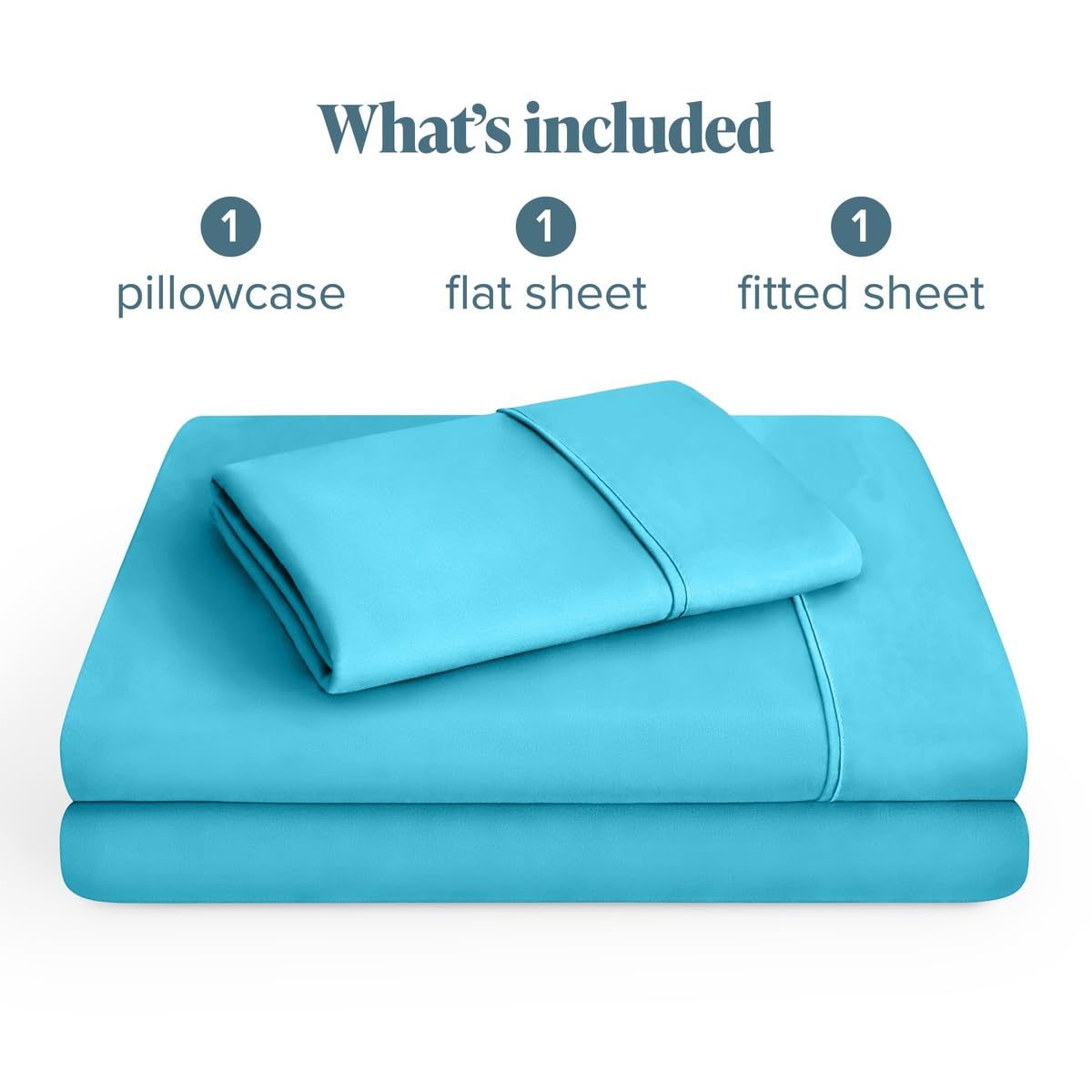 A folded turquoise bedding set on a white background with text above reading 'What's included' and labels for 1 pillowcase, 1 flat sheet, and 1 fitted sheet.